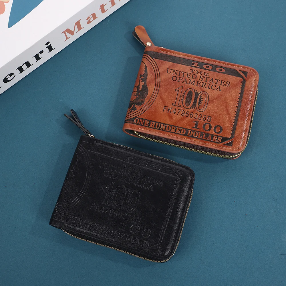 Retro Men's Short Wallet Card Holder Ultra-Light Zipper Coin Purse Us Dollar Printed Wallet Portable Coin Purse Money Pouch