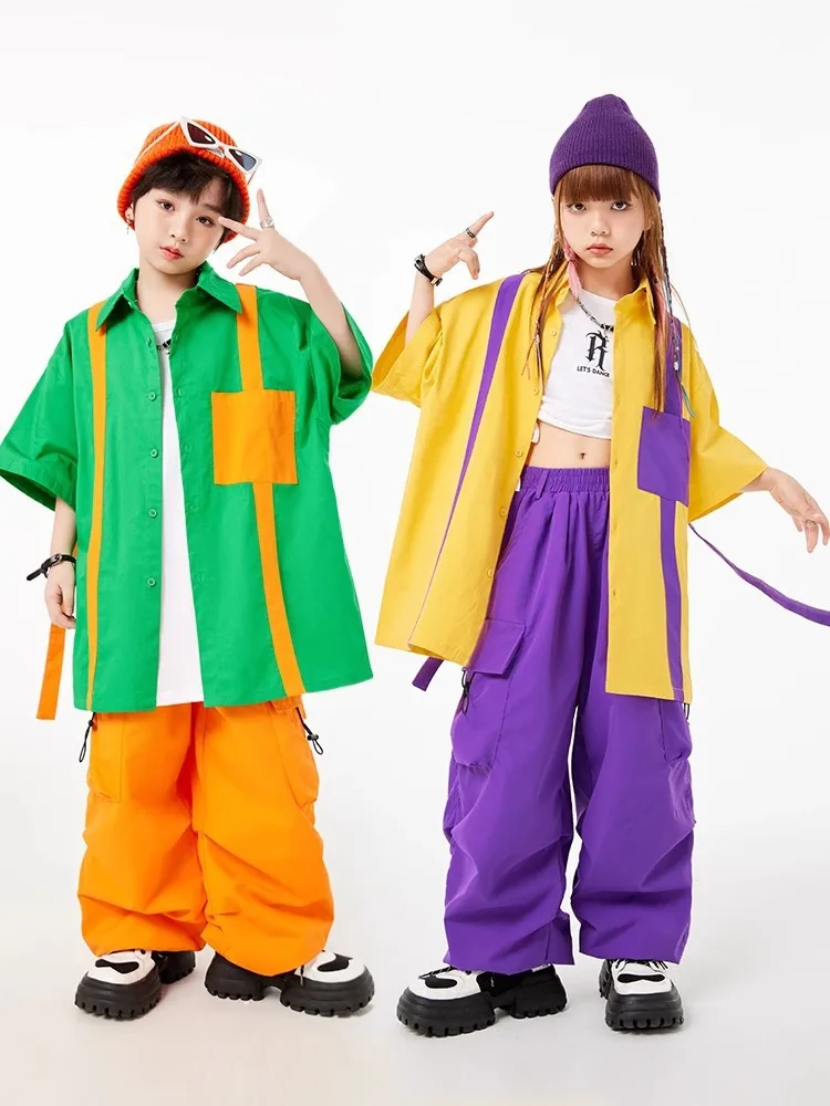 Hip Hop Girls Coloful Contrast Loose Shirt Cargo Pants Boys Street Dance Clothes Set Children Streetwear Kids K-pop Jazz Costume