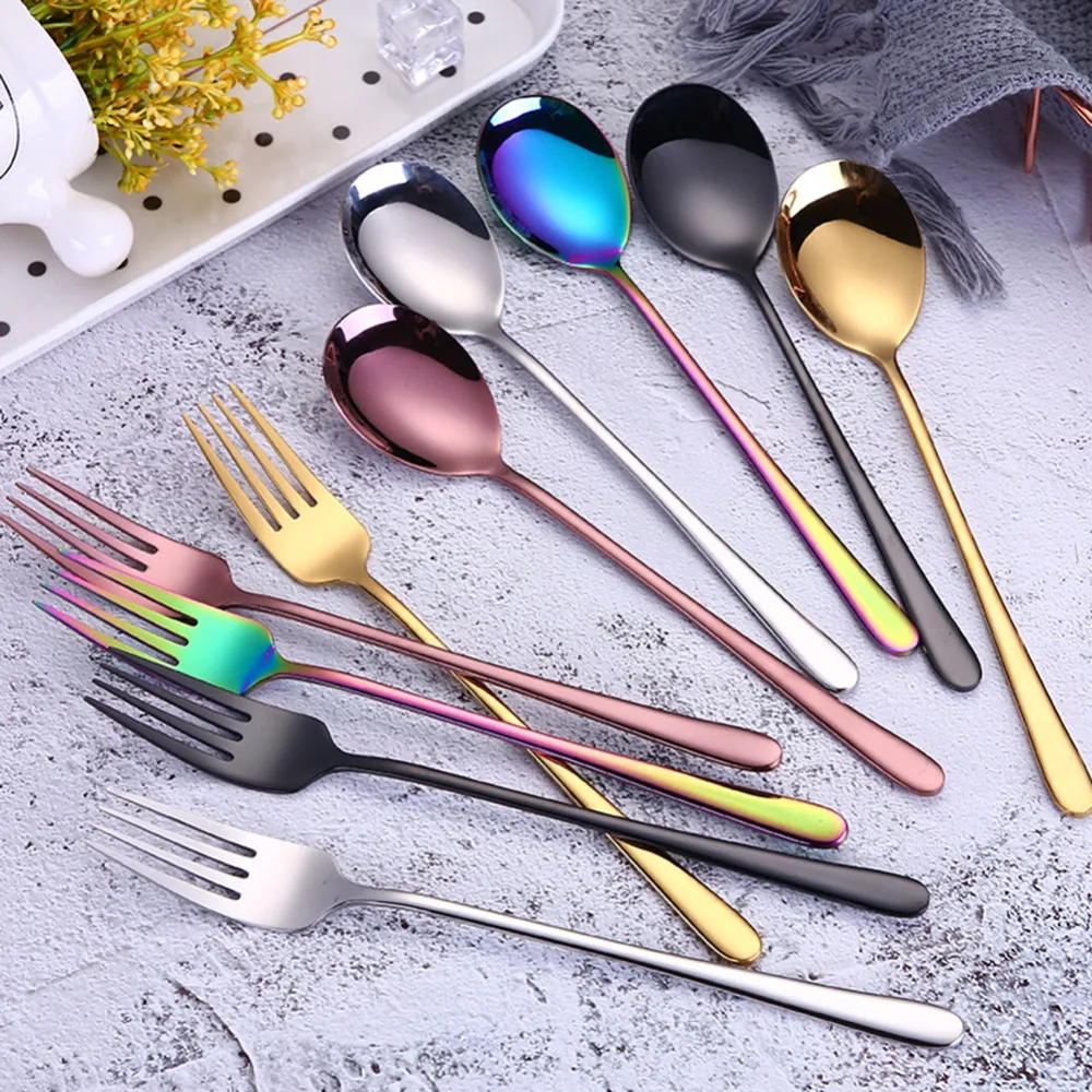 Colorful Stainless Steel Spoons Forks with Long Handle Ice Cream Coffee Tea Spoons Noodles Spaghetti Fork Home Kitchen Tableware