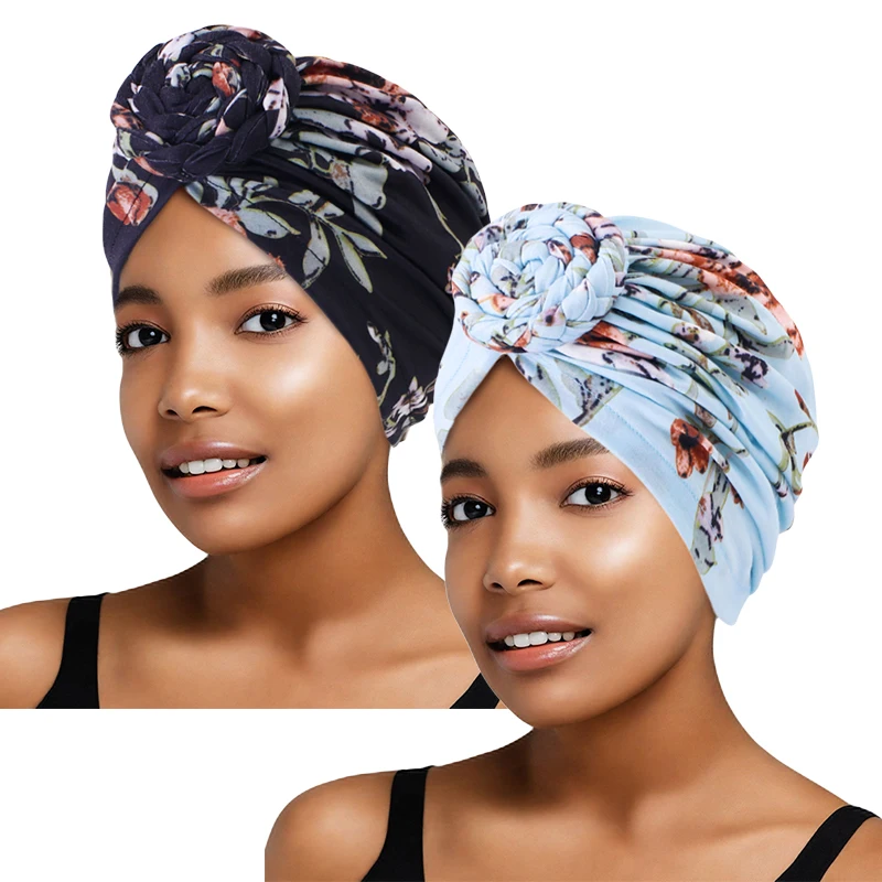 2PCS/LOT Muslim Turban Hat Women African Twist Knot Flower India Hat Beanie Hijab Bonnet Headscarf Bandanas Head Cover Wrap Hat