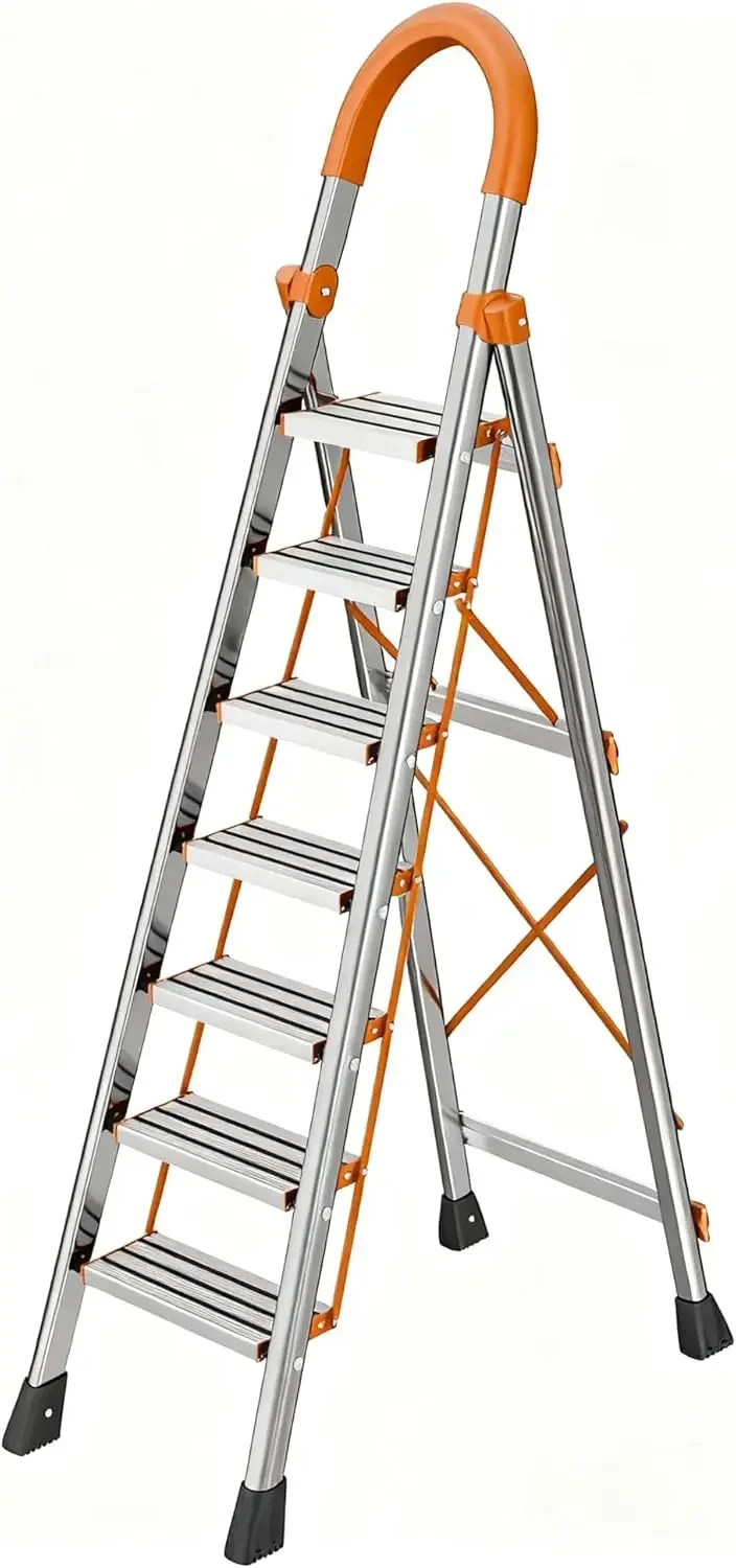 7 Step Folding Ladder, Portable Sturdy Steel Ladder, Heavy-Duty Step Stool with Anti-Slip Pedal and Handrails for Home
