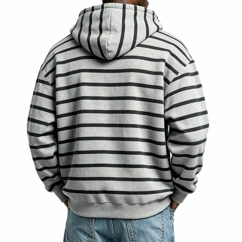 Men Fleece Heavyweight Hoodie Autumn Winter Trend Striped Hooded Hoodies Male Pull On Hooded Sweatshirts Casual Streetwear Tops