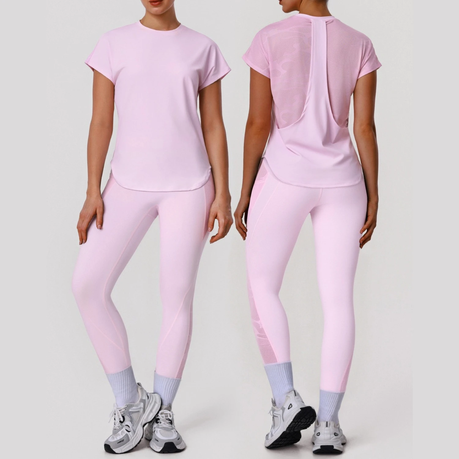 Greenora 2PCS Set Pink Yoga Women Trendy Backless Mesh Top High Waist Leggings Gym Tracksuit Outfits Activewear Matching Sets