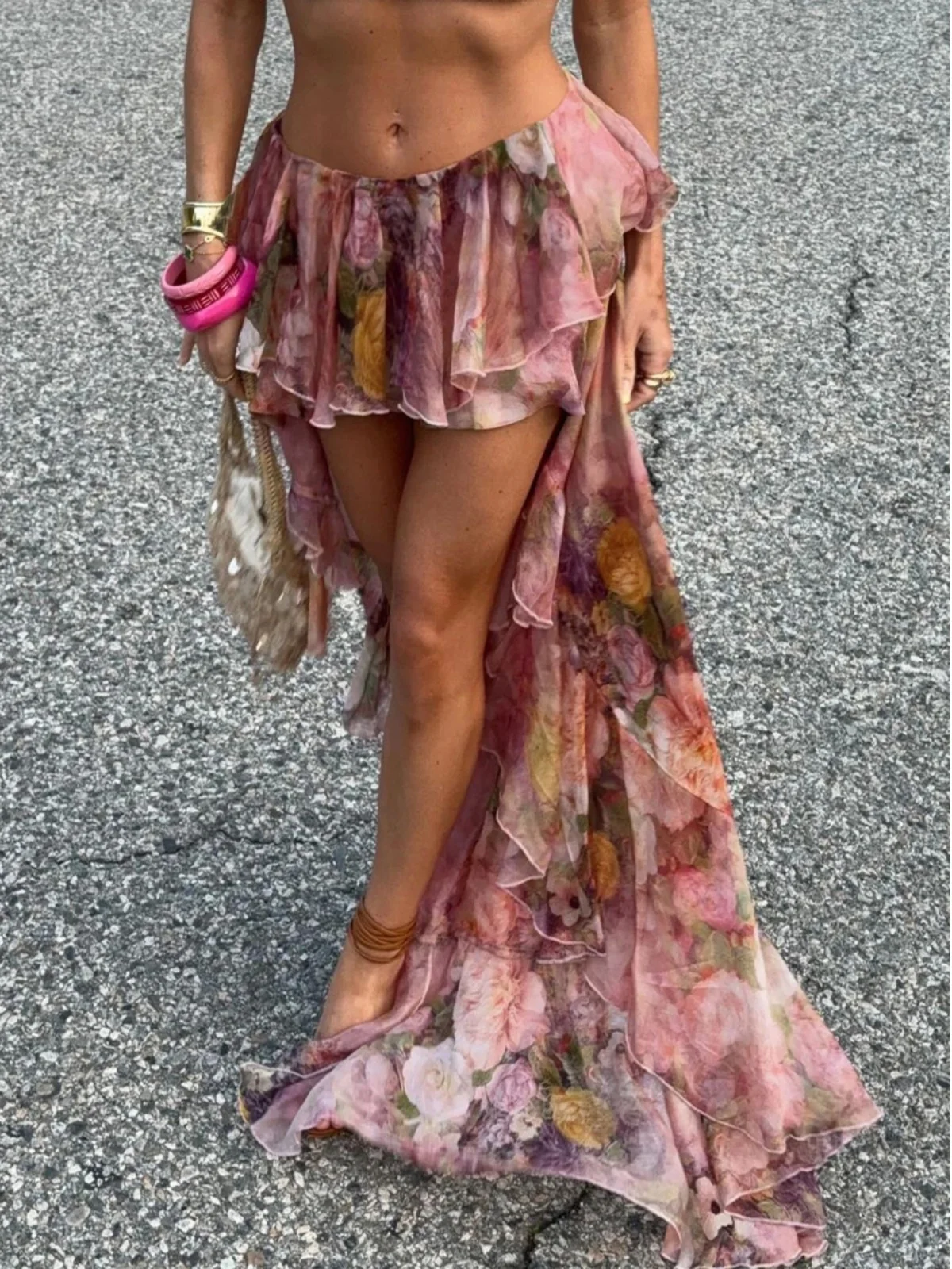 

Floral Print Ruffled Floor-Length Skirt Low Waist A-Line Midi Skirt Street Sle Polyester Fabric Asymmetrical Hem