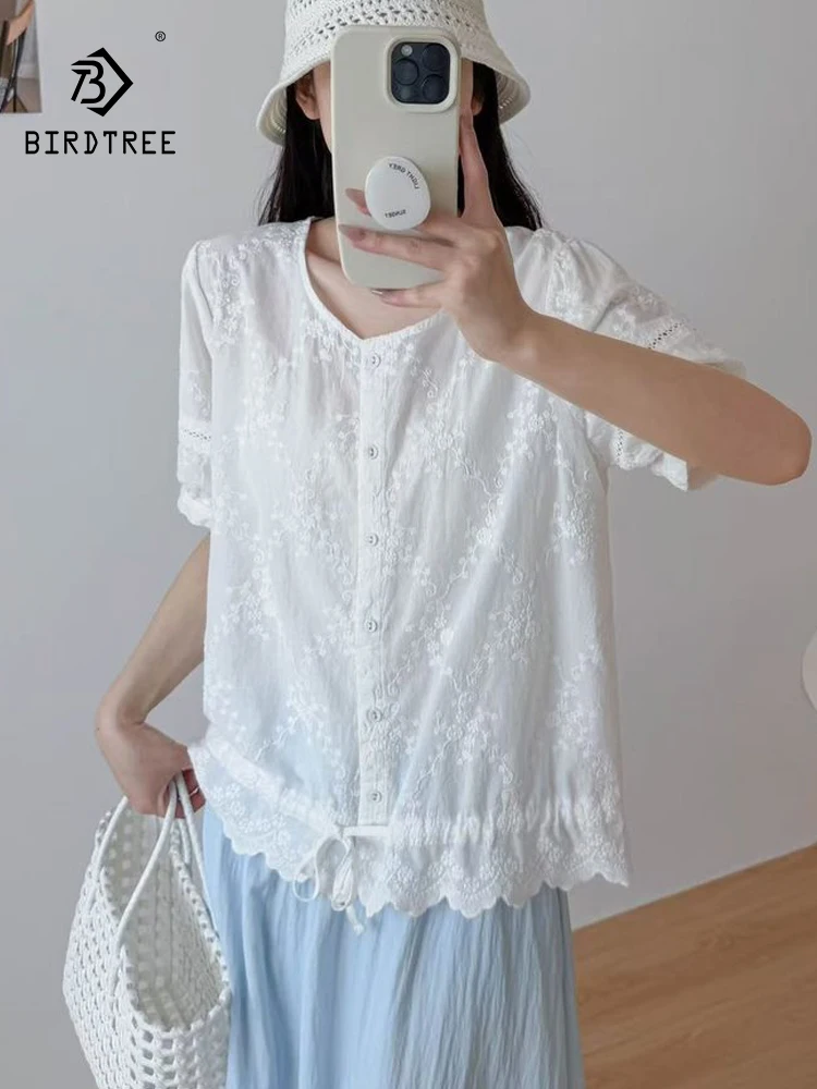 

New 2026 Summer Women Cotton Short Sleeve Shirt, O Neck Embroidery Ruffles, Mori Girl Age Reduction INS Loose Blouse T63053CC