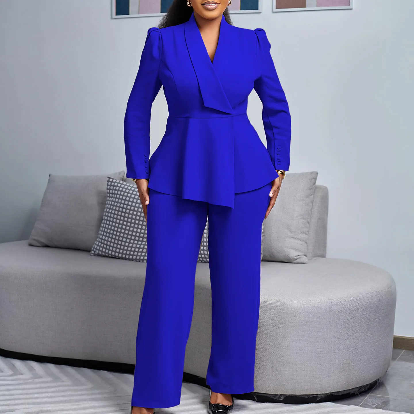 Women's Clothing Winter New Fashion Temperament Elegant OL Ruffle Edge Top Wide Leg Pants Fashion African Suit