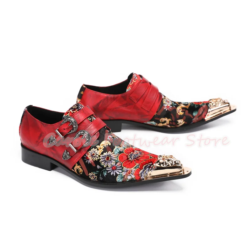 Fashion Design Flowers Prints Male Formals Dress Loafers Vintage Genuine Leather Belt Buckle Derby Shoes Men's Casual Shoes