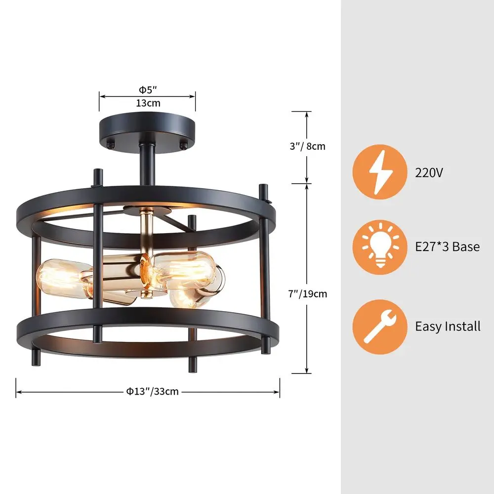 Afbeelding 3: Mossi industriële zwarte plafondlamp met gouden accenten, 3-lichts semi-inbouw plafondlamp, moderne vintage E27 Chand