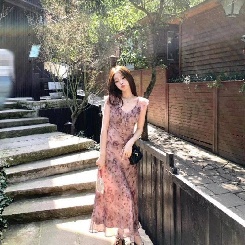 Abito longuette vintage da donna slim con stampa fiocco con volant abito da festa elegante ufficio signora spiaggia Boho estate 2025