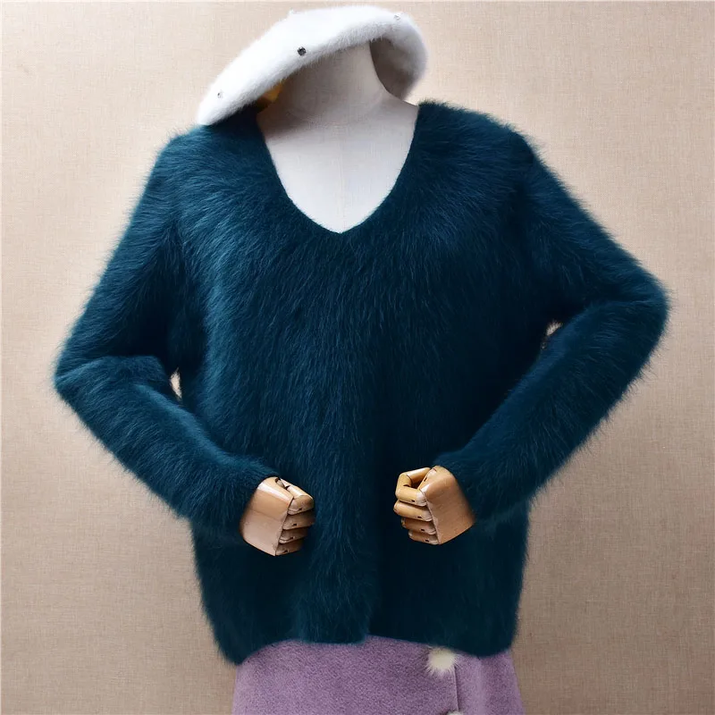 

Элегантный женский свитер-пуловер из кашемира и меха норки, вязаный, с V-образным вырезом, длинными рукавами, свободного кроя, для осени и зимы, зеленый