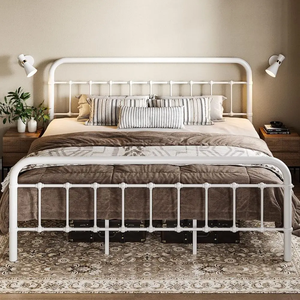 

King Size Metal Platform Bed with Elegant Wrought Iron Art Footboard, No Box Spring Needed, White