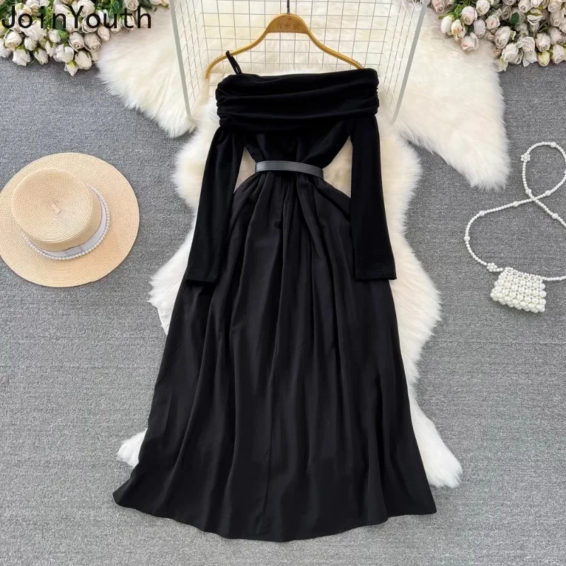 2024 Vestidos De Mujer Floral Dress Women Sexy Slash Neck Black Robe Femme Slom Waist Off Shoulder A-line Temperament Dresses