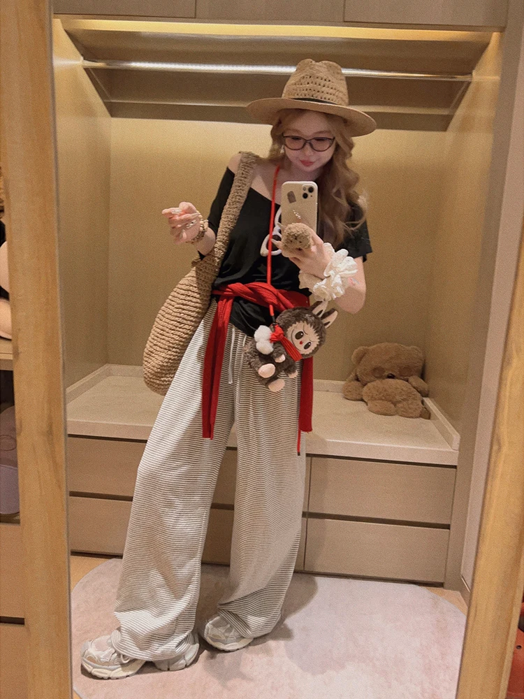 

Yukiss Summer Lightweight Wide Leg Casual Pants Draped Loose Comfortable Straight Cut High Waist Long Trousers Striped Design