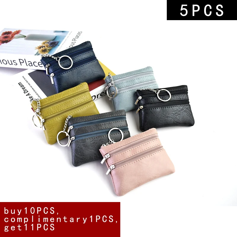 

5PCS New Women's Mini Change Purse Three-layer Zipper Simple Solid Color Retro Coin Bank Card Key Bag Wholesale