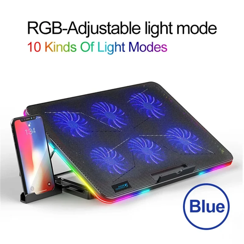 Laptop Cooling Pad for 15.6 Inch Laptop Cooler Stand Quiet Fans Height Adjustable with Phone Holder 6 Fans with RGB Light