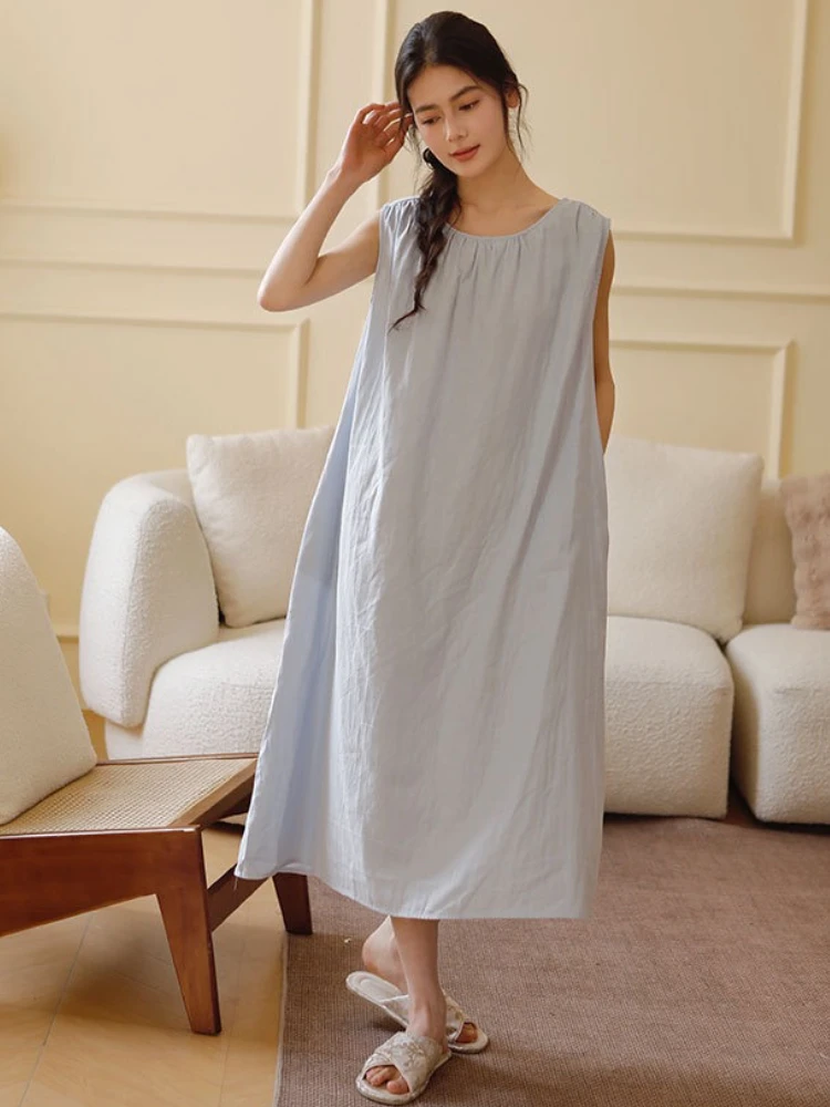 

Ночное платье без рукавов из 100% хлопка, дышащее свободное домашнее платье, женская летняя двухслойная хлопково-марлевая длинная ночная рубашка, одежда для сна