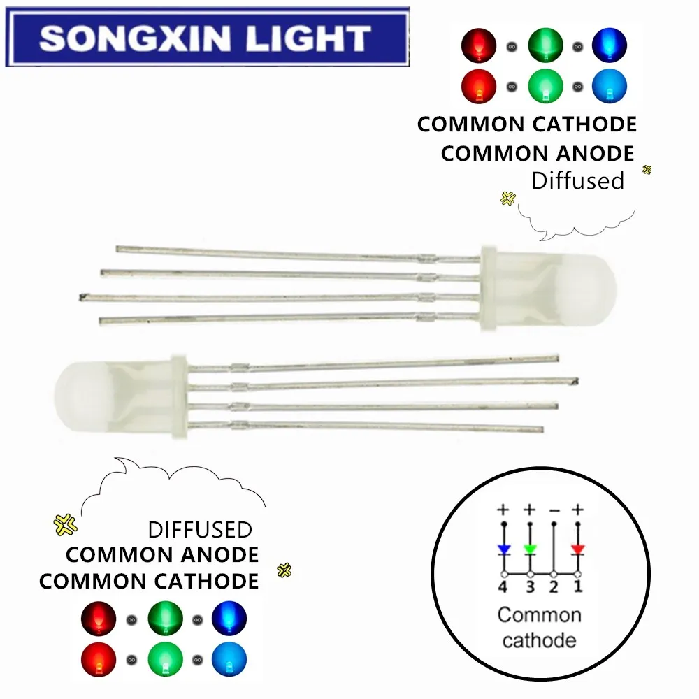 50PCS 5mm full-color LED RGB red/green/blue Common Cathode/Anode Four feet transparent highlight color light 5mm diode colorful