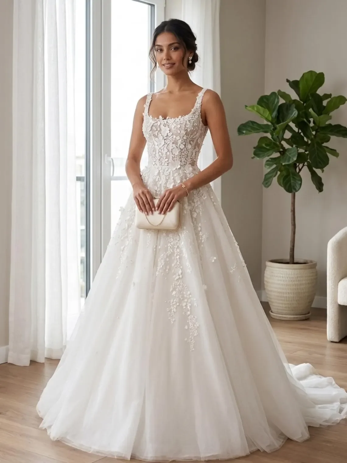 Square Neck Ballgown Wedding Dress Bridal Gown Custom 3D Floral Appliques Tulle Deep V Back Court Train Vestido De Novia