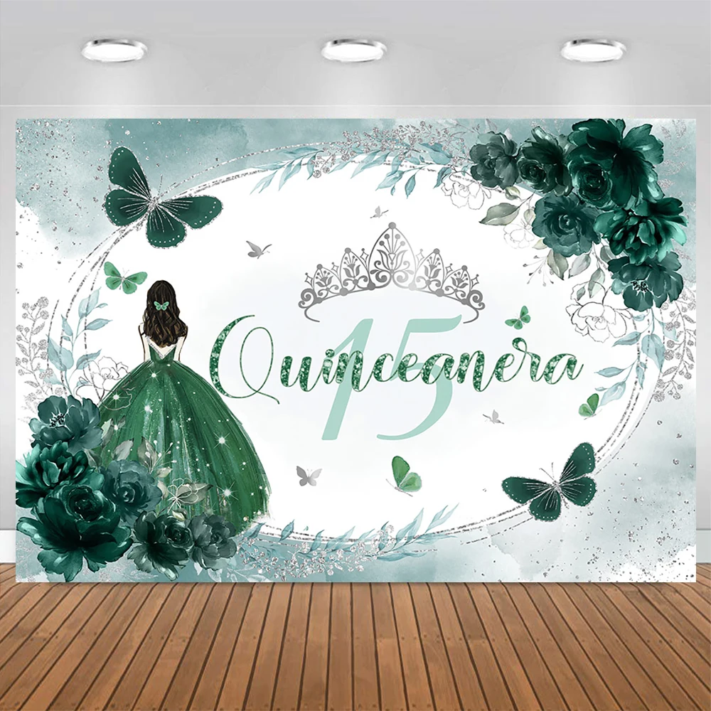 Girl 15th Quinceanera Birthday Backdrop Poster Green Princess Dress Silver Crown Flower Decoration Butterfly Background Photo