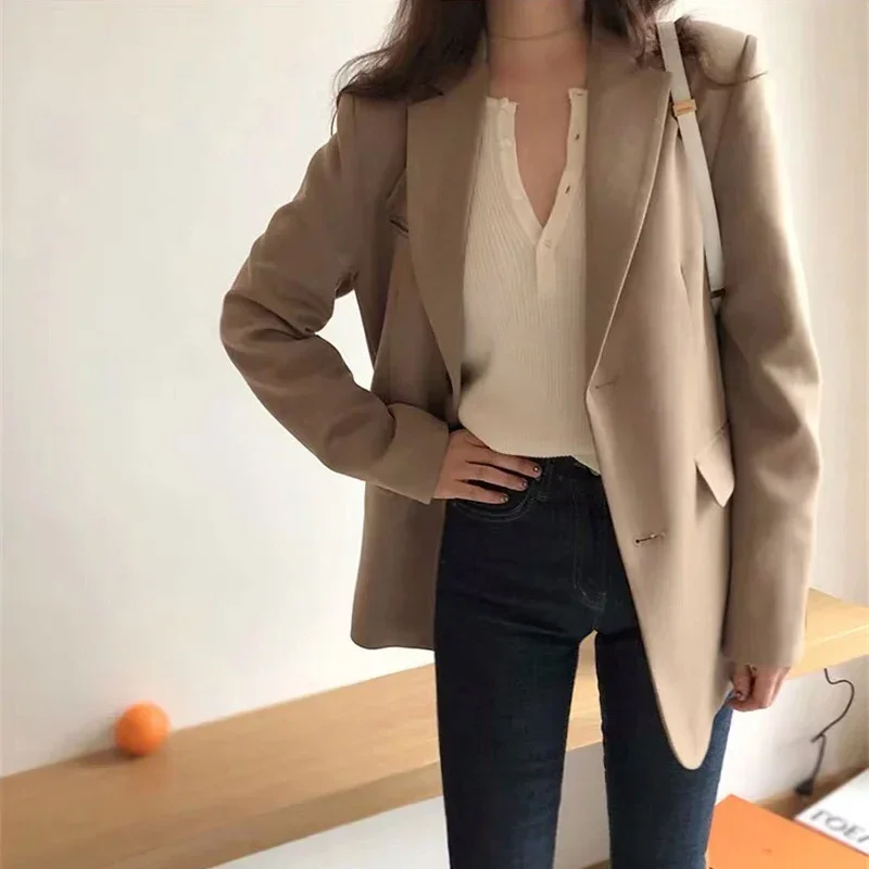 2025 New Blazer Spring and Autumn Female Solid Casual Pockets Long Sleeve Work Suit Coat Office British Style Spring Jacket