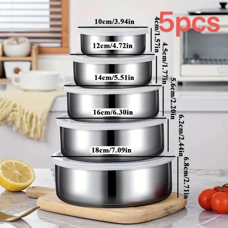 5Pcs Stainless Steel Mixing Bowls With Lids Stackable And Storage Deep Nesting Bowls Dishwasher Safe For Kitchen Baking Silver