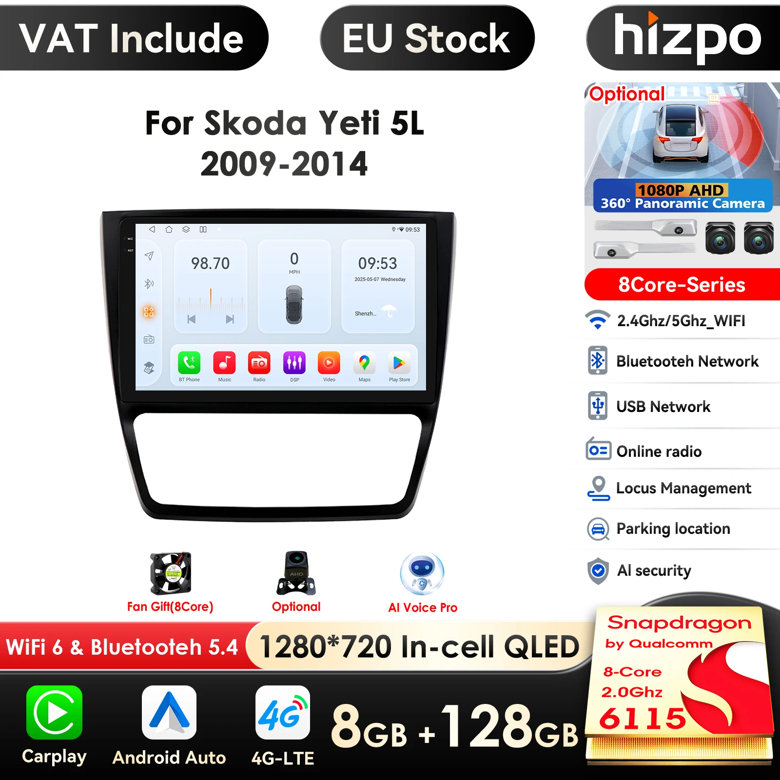9'' 2din Android 14 4G DSP CarPlay Autoradio Multimidia Video Player für Skoda Yeti 5L 2009 - 2014 Nav GPS AI Intelligentes System