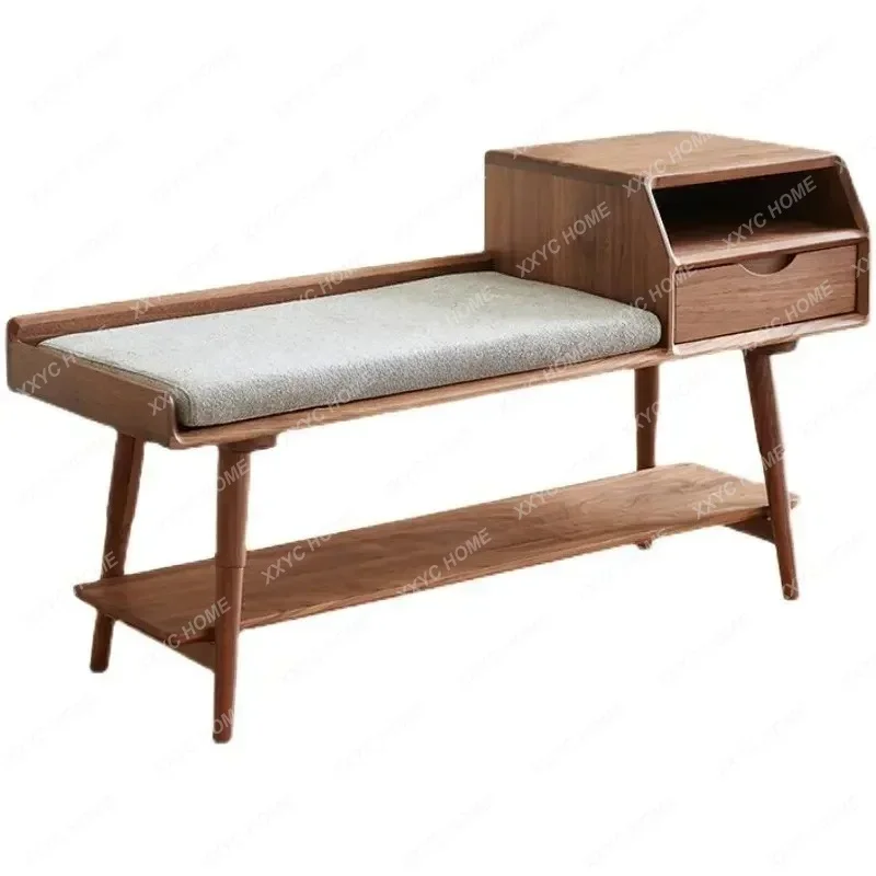 LBlack Walnut Solid Wood Shoe Changing Stool Low Stool Sitting Shoe Cabinet Multi-Functional Shoe Stool