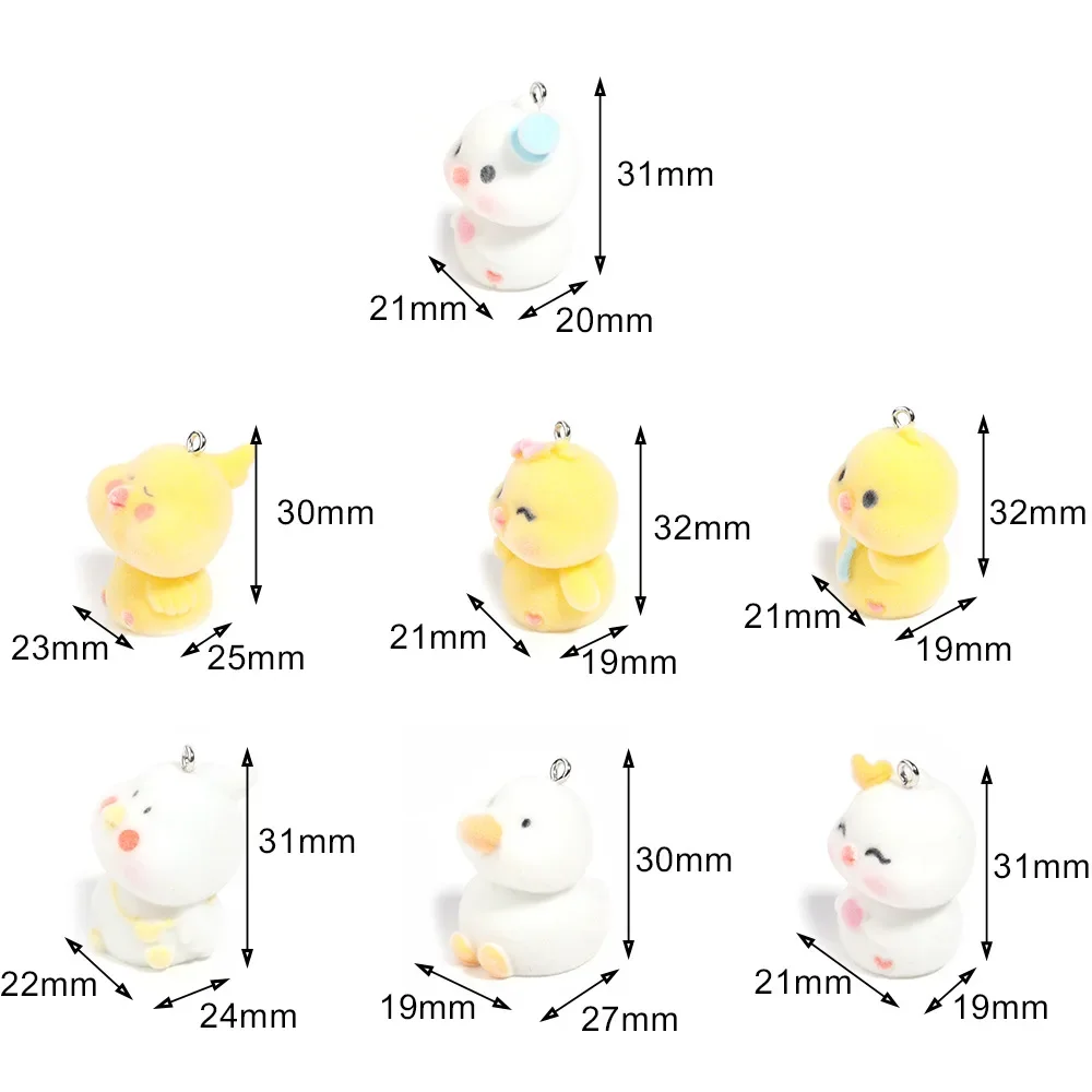 20Pcs 3D Cute Flocked Duck Charms Cartoon Animal Plush Doll Resin Pendant For Phone Keychains Necklace Earrings Diy Jewelry Make