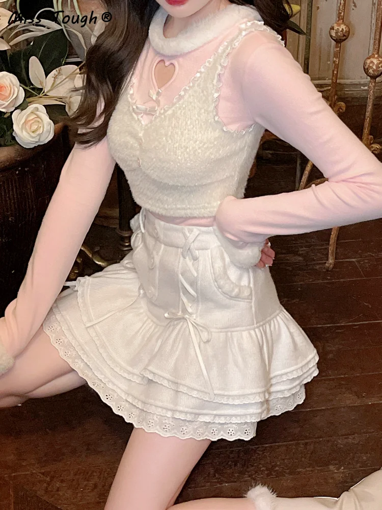 Japanese Sweet Lolita Mini Skirt Women Winter Lace Casual Elegant Kawaii Female Skirt High Waist Bandage Korean Y2k Skirt 2024