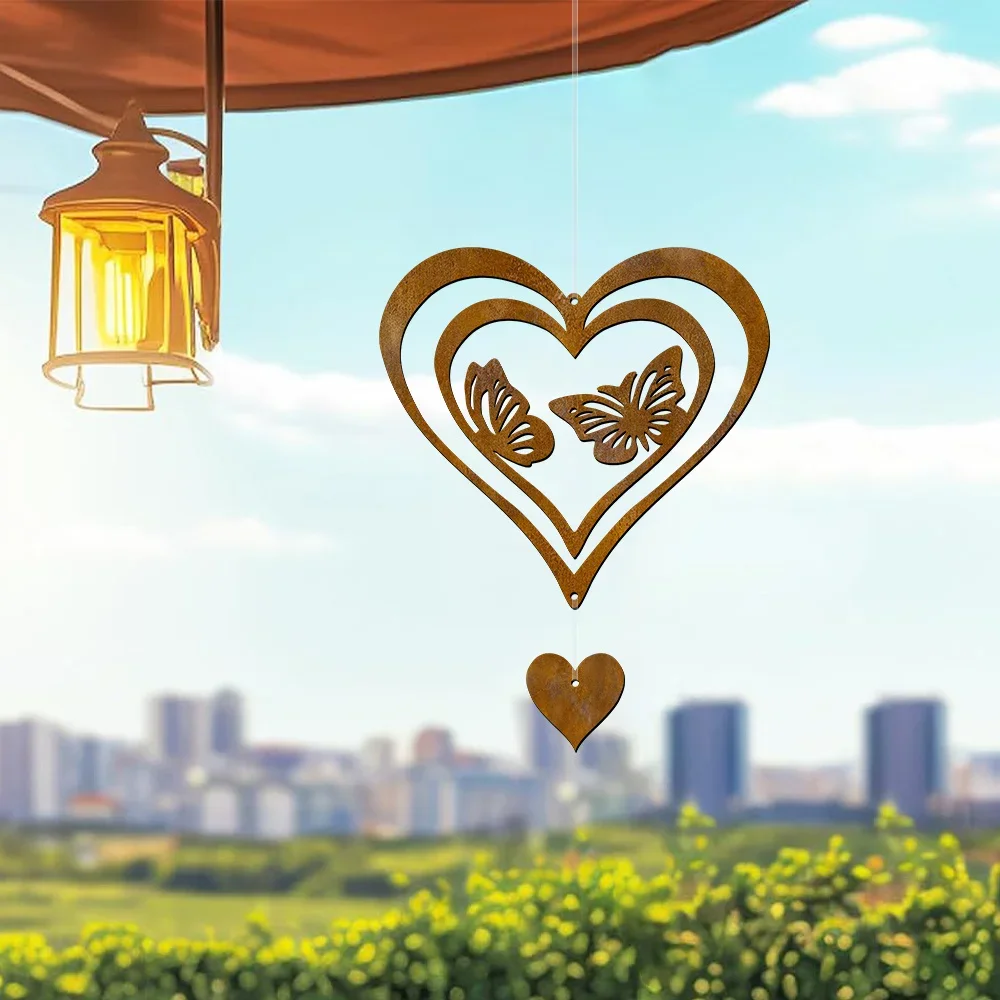 Rusty Double Heart Butterfly-Shaped Metal Garden Decoration, Two Pieces—Indoor and Outdoor Copper Hanging Ornaments, Weather-Resistant Art Decoration