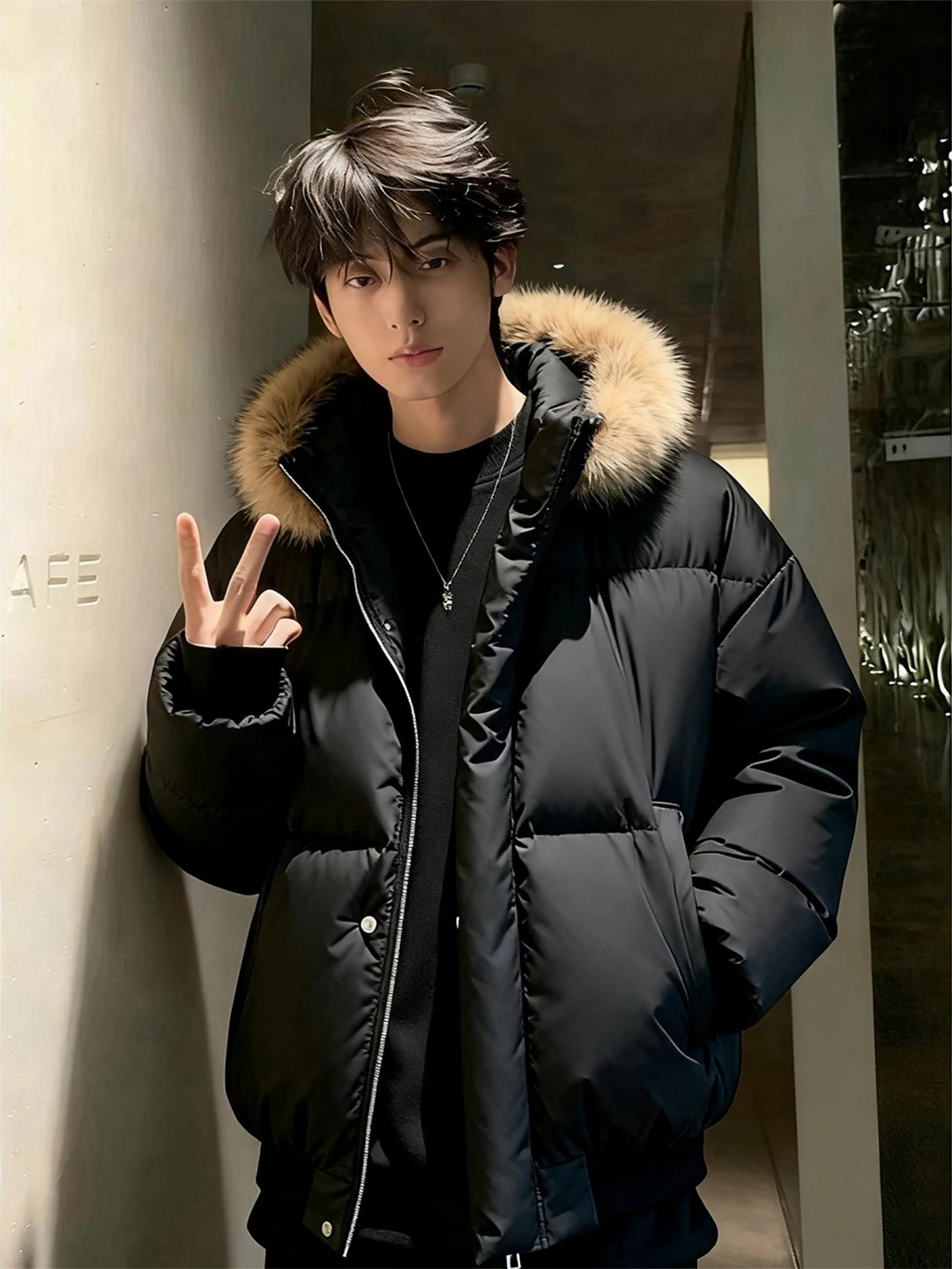 

Bla ort PU Leather down Cotton Jaet Men's Winter Trendy American High Street Hiphop Cold Resistance Hooded Fur Collar