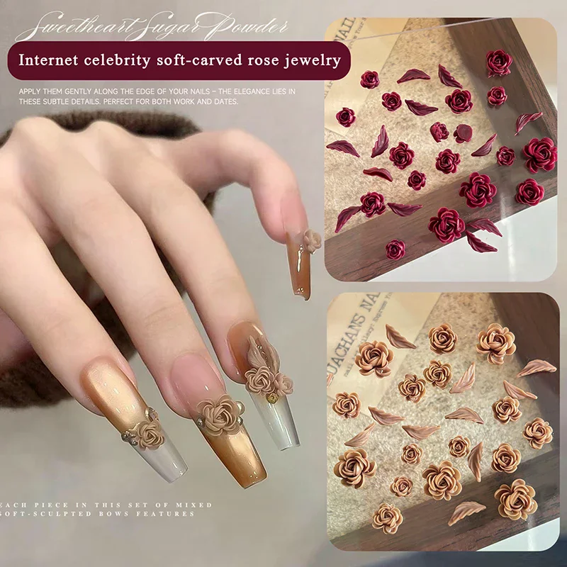 Kawaii  3D Mix Sizes Beautiful Blossoming Rose Flowers Leaf Resin Adhesive Nail Art Rhinestones Decorations Manicure Charms