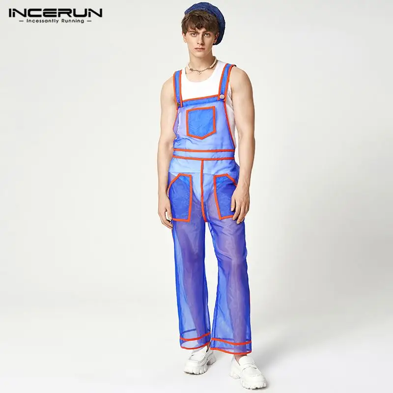 INCERUN 2024 American Style Men\'s Gauze Perspective Jumpsuit Sexy Leisure Male Loose Comfortable See-through Thin Rompers S-5XL