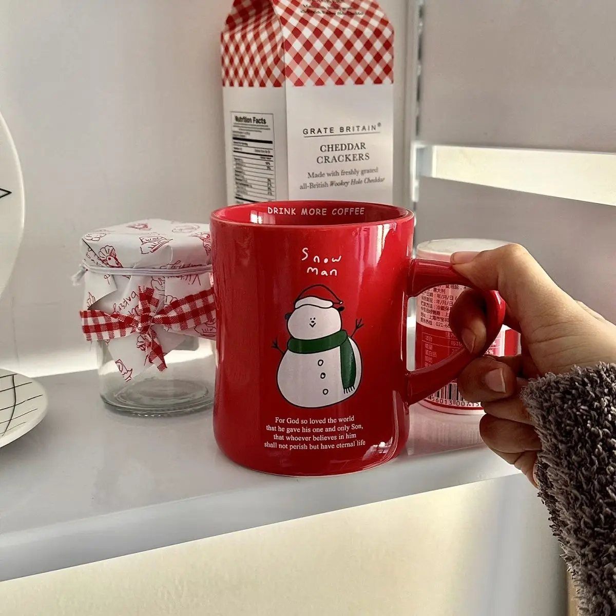 Little Snowman Red Ceramic Mug, Christmas Snowman Cup, Couple Gift Cup, Companion Gift Box Set