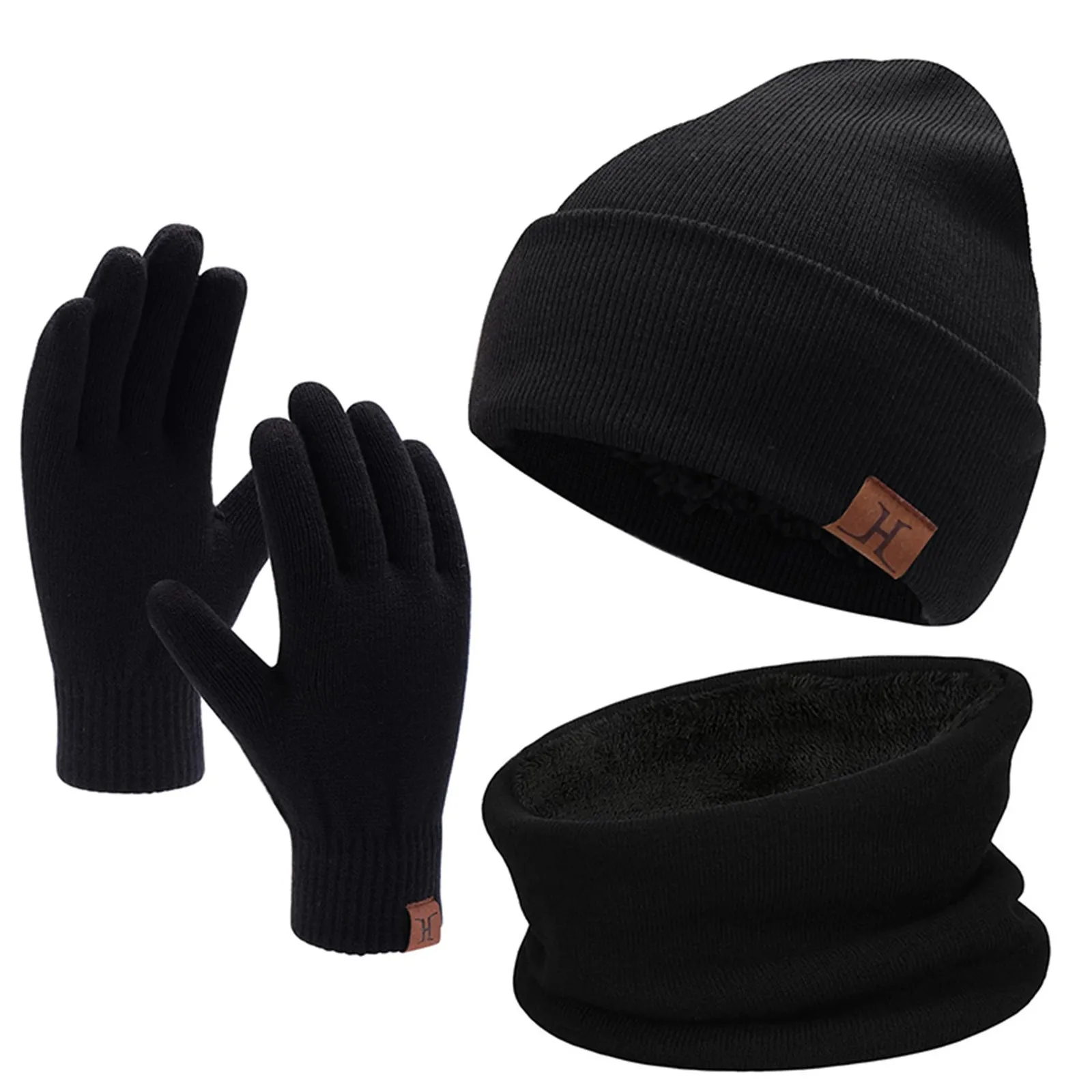 Womens Scarf Hat Gloves Sets Outdoor Travel Winter Scarf Gloves Three-Piece Sets Fleece Lined Knitted Hat Warm Sets