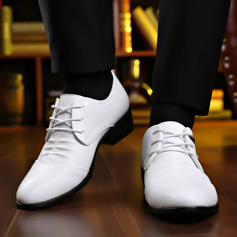 

Mens White Leather Pointed Toe Lace Up Dress Shoes With Decorative Buckle Block Heel Formal Business Wedding Prom Shoes Simple