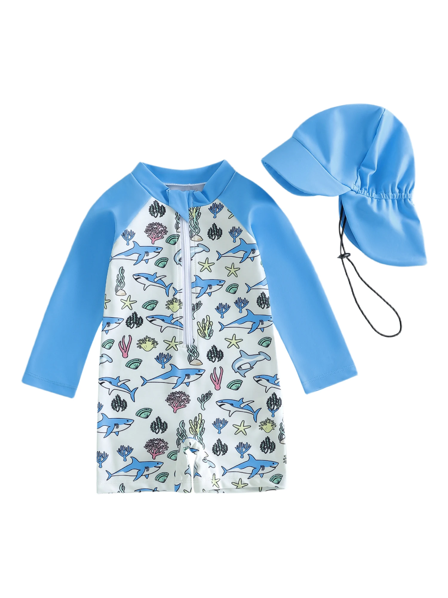 

Cute Toddler Boy Rash Guard Swimsuit Set with Fun Underwater Print Long Sleeve Round Neck Jumpsuit and Hat for Pool or