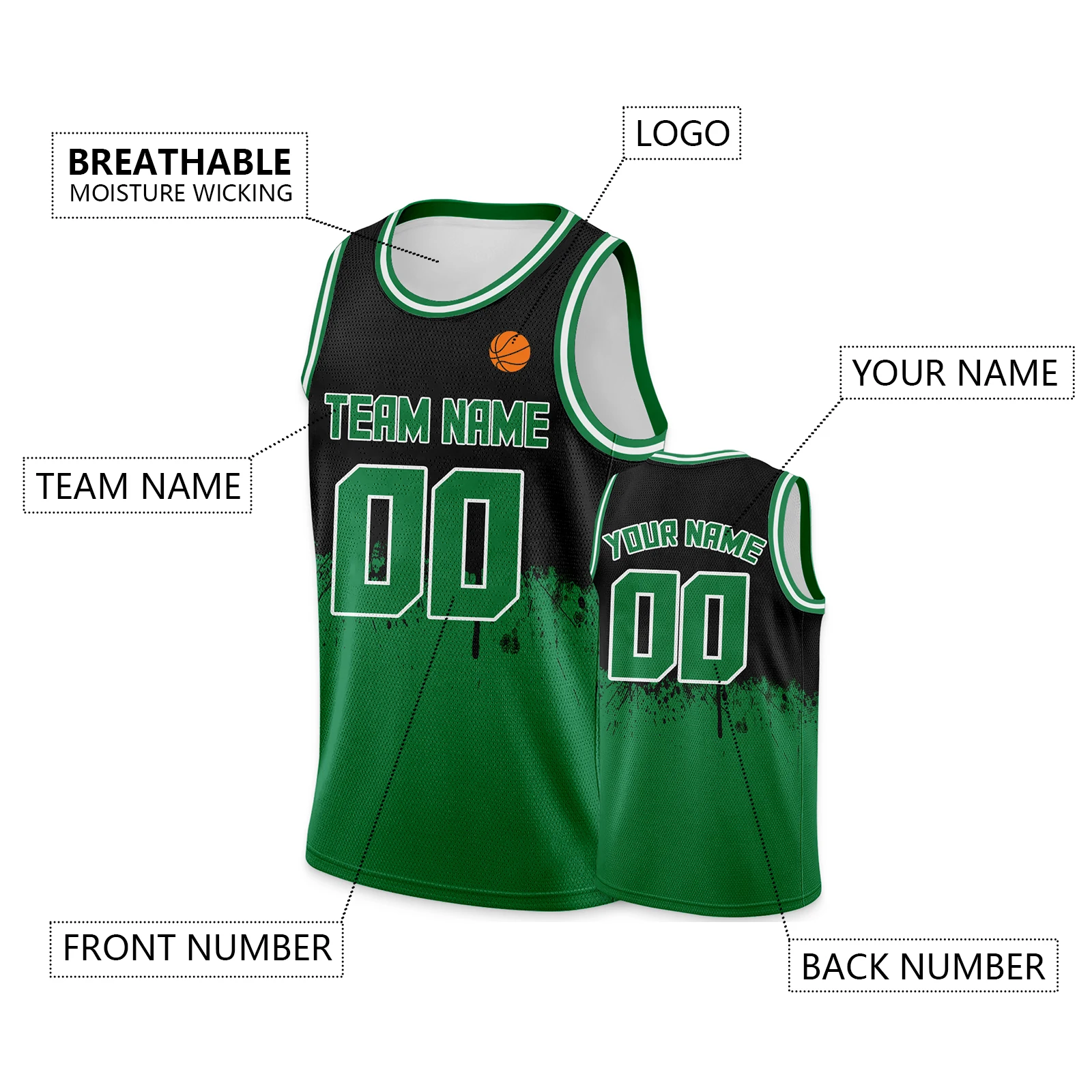 Custom Basketball Jersey Black Green Personalized Printed Team Name Number Hip Hop Sports Shirt for Men Women Youth Kids