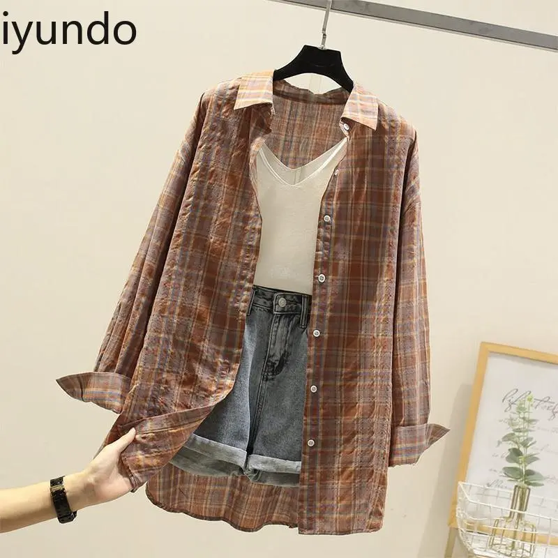 

Women's Cotton Checkered Blouse Spring/Summer UV Protection Loose Fit Student Jacket Breathable Summer Essential Vintage Tops