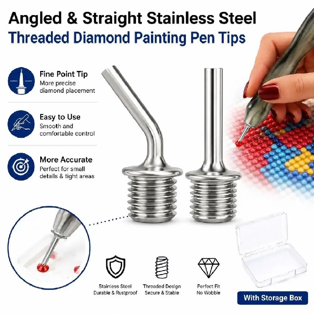 The Latest New DIY Diamond Painting Tool, Fine-Tipped Stainless Steel Dotting Pen with Threaded Interface, Available in Straight or Curved Tip, with Storage Box, Suitable for 5D Adult Diamond Painting Dotting Pen Tool