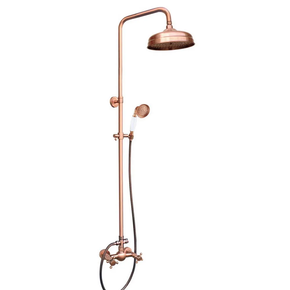 Imagem -06 - Antique Red Copper Brass Hand Shower Faucet Grupo Alças Cruzadas Duplas Round Rain Torneira Misturadora de Banheiro Mrg524