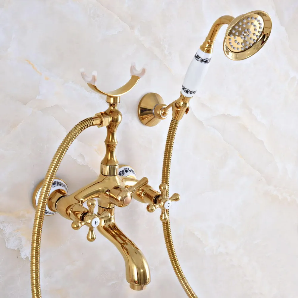 

Contemporary Golden Brass Wall Mounted Bathroom Bathtub Faucet Set with 150CM Hose Handheld Shower Spray Head Mixer Tap Dna949