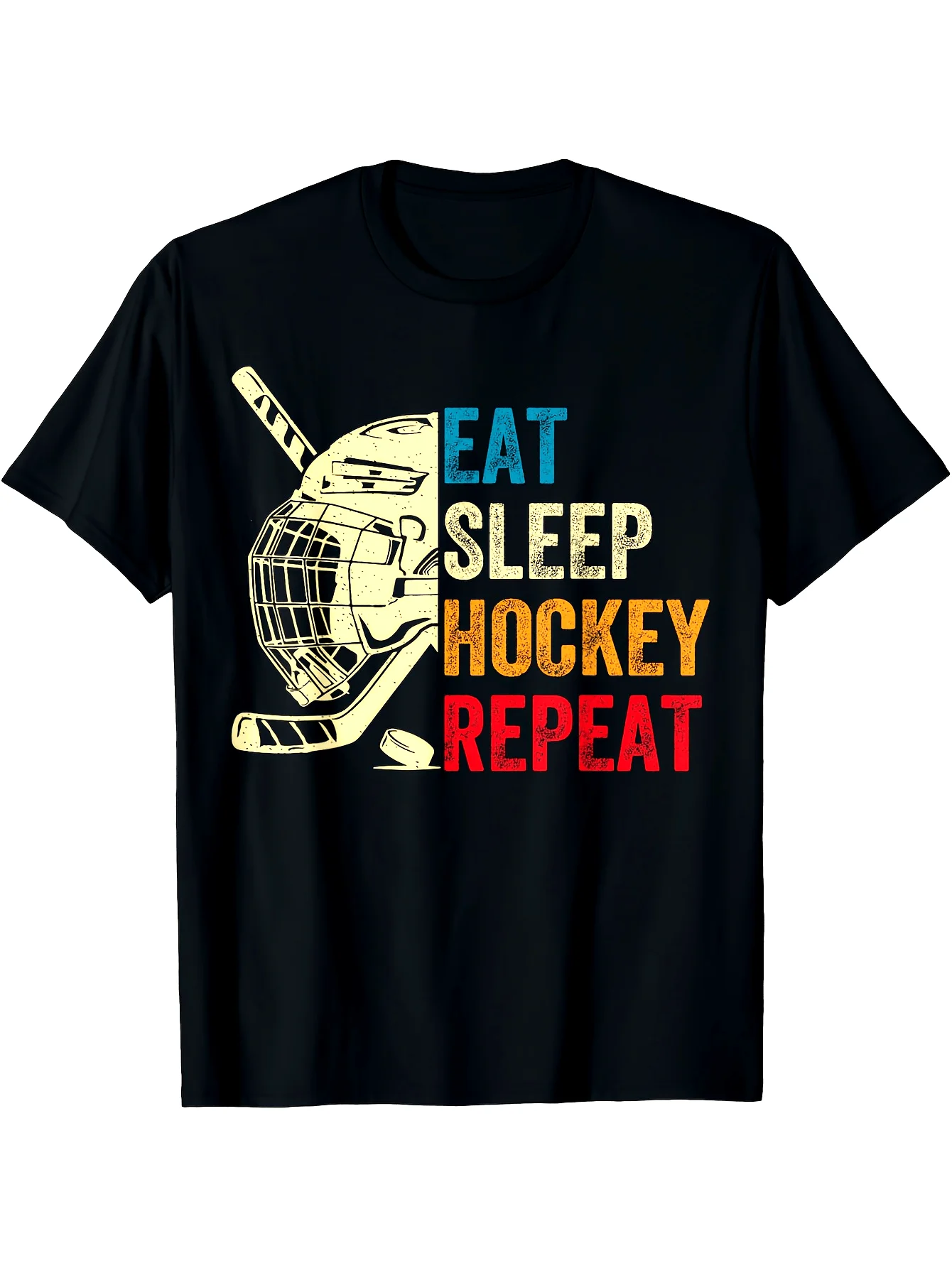 Eat Sleep Hockey Repeat Vintage Retro Hockey Player Graphic T-Shirt 100% Cotton O-Neck Short Sleeve Summer Casual Mens T-shirt