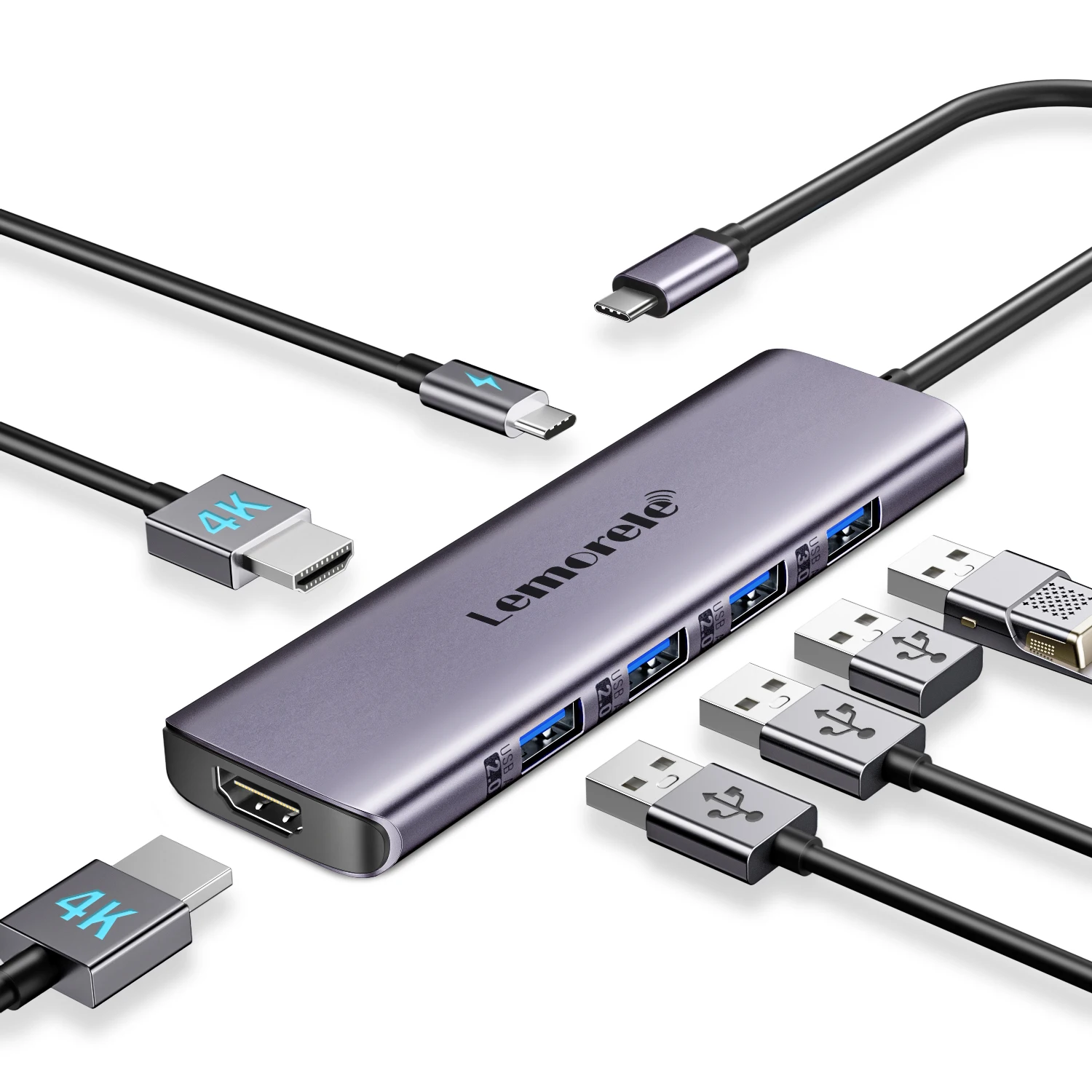 

Док-станция-концентратор Lemorele TC66L 7-в-1 USB C с мульти-разветвителем 4K HDMI 100 Вт PD для MacBook Windows iOS USB Type C
