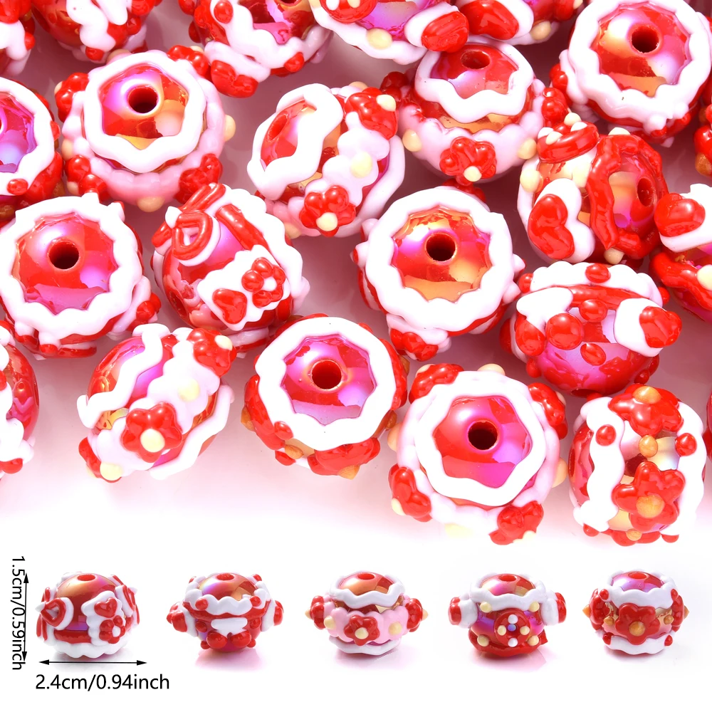 10Pcs Red Acrylic Handpainted Flower Bow Beads Sweet Pattern for Diy Handicrafts Making for Phone Chain Keychain Accessories