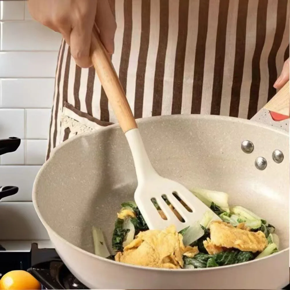 Silicone Kitchen Cookware Utensils High Temperature Resistant Food Grade Kitchenware Set Wooden Handle Kitchen Tools Household