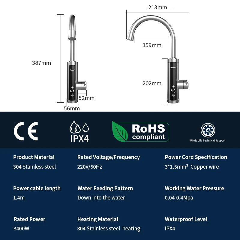 Fudeer elektrikli mutfak SU ISITICI musluk 3400W 220V insant isıtma dokunun Tankless su isıtma gayzer ile dijital ekran