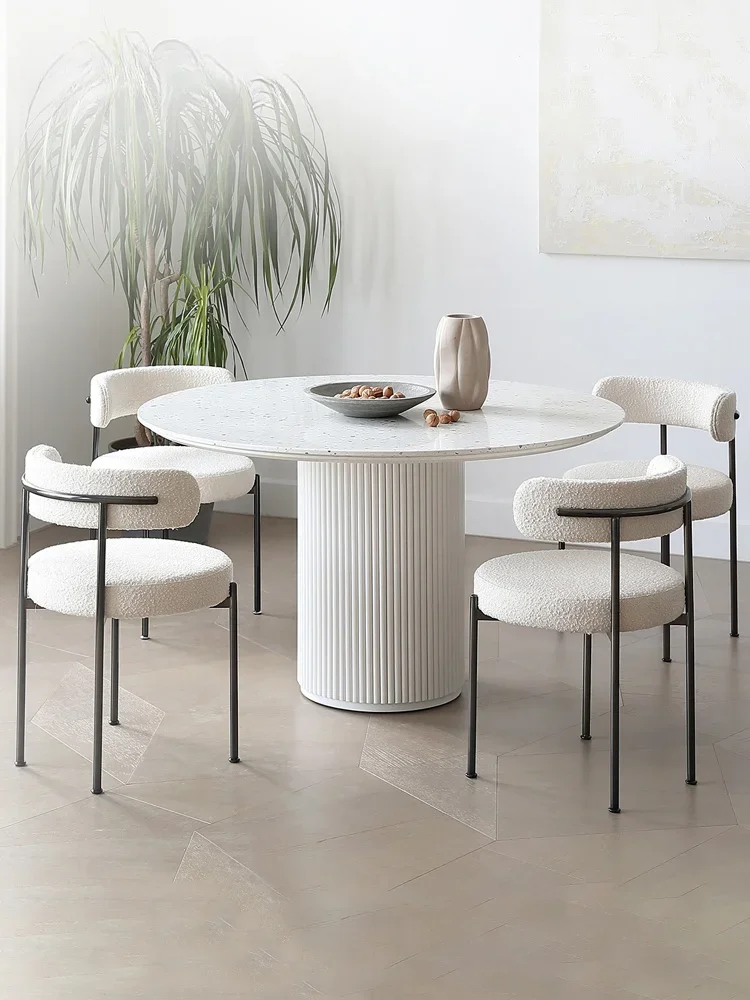 

French Cream Style Simple Stone Plate Roman Column round Table Small Apartment Terrazzo Dining Tables and Chairs Set