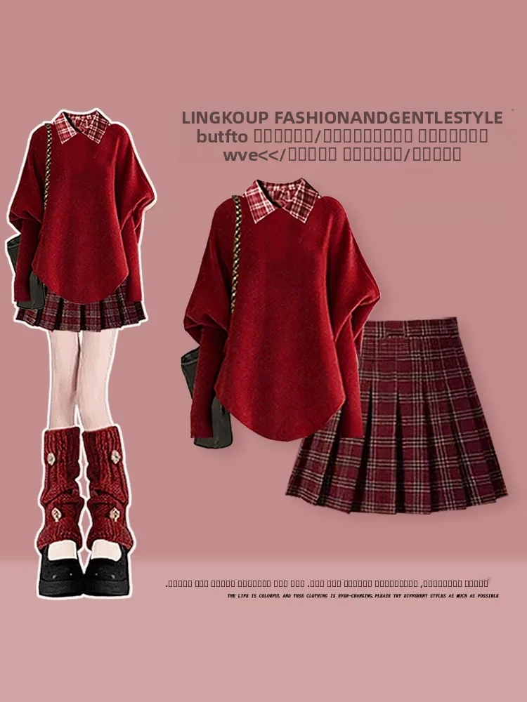 

Большие размеры, осенне-зимний комплект для колледжа, женская новогодняя одежда, свитер, клетчатая красная утягивающая плиссированная юбка, футболка...