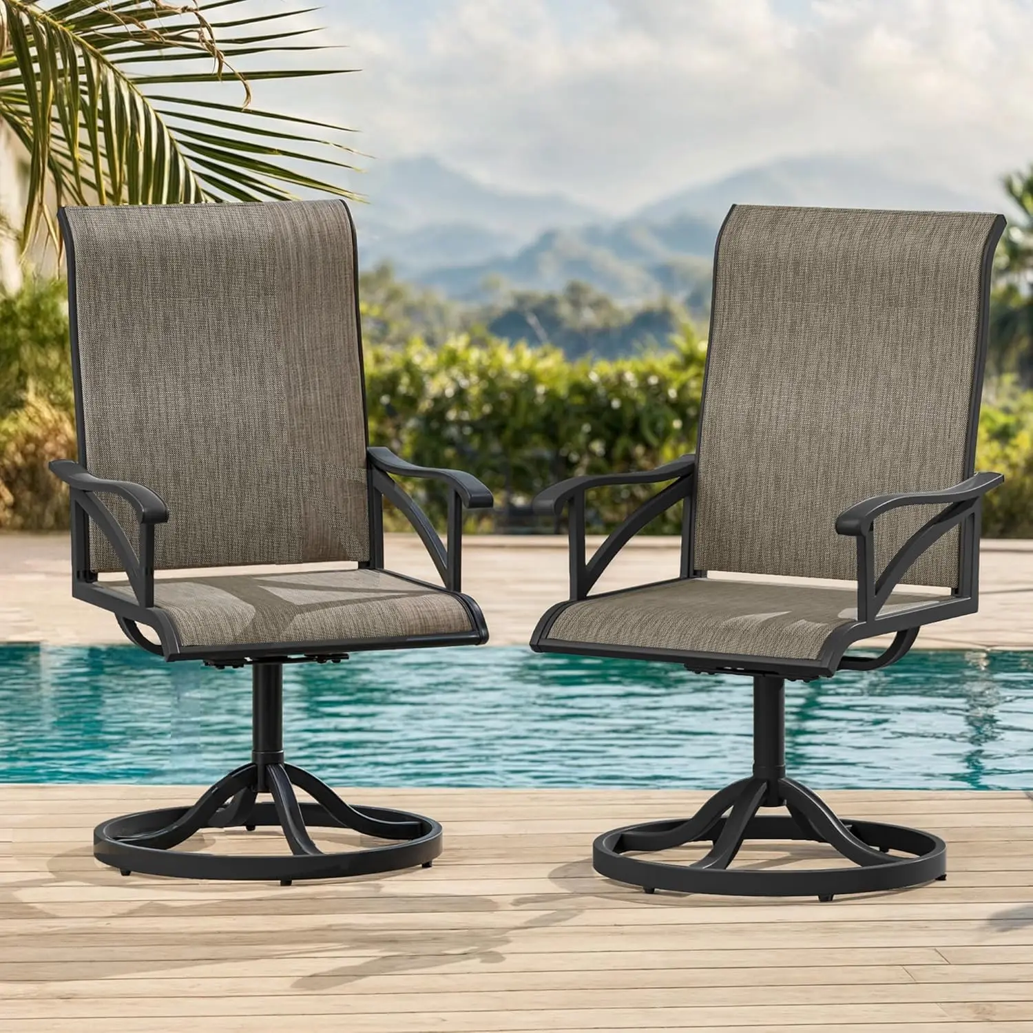 

Outdoor Swivel Chairs Set of 2, Exclusive Swivel Patio Chairs w/Sturdy Metal Frame & Breathable Textile High Back, Brown